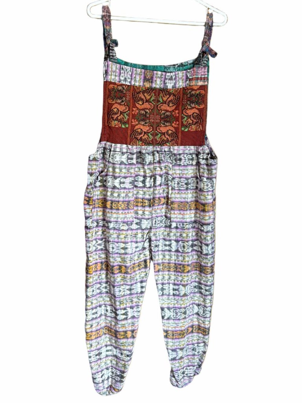 Vintage Guatemalan Ikat Overalls Embroidered Birds Cotton Jumpsuit Small